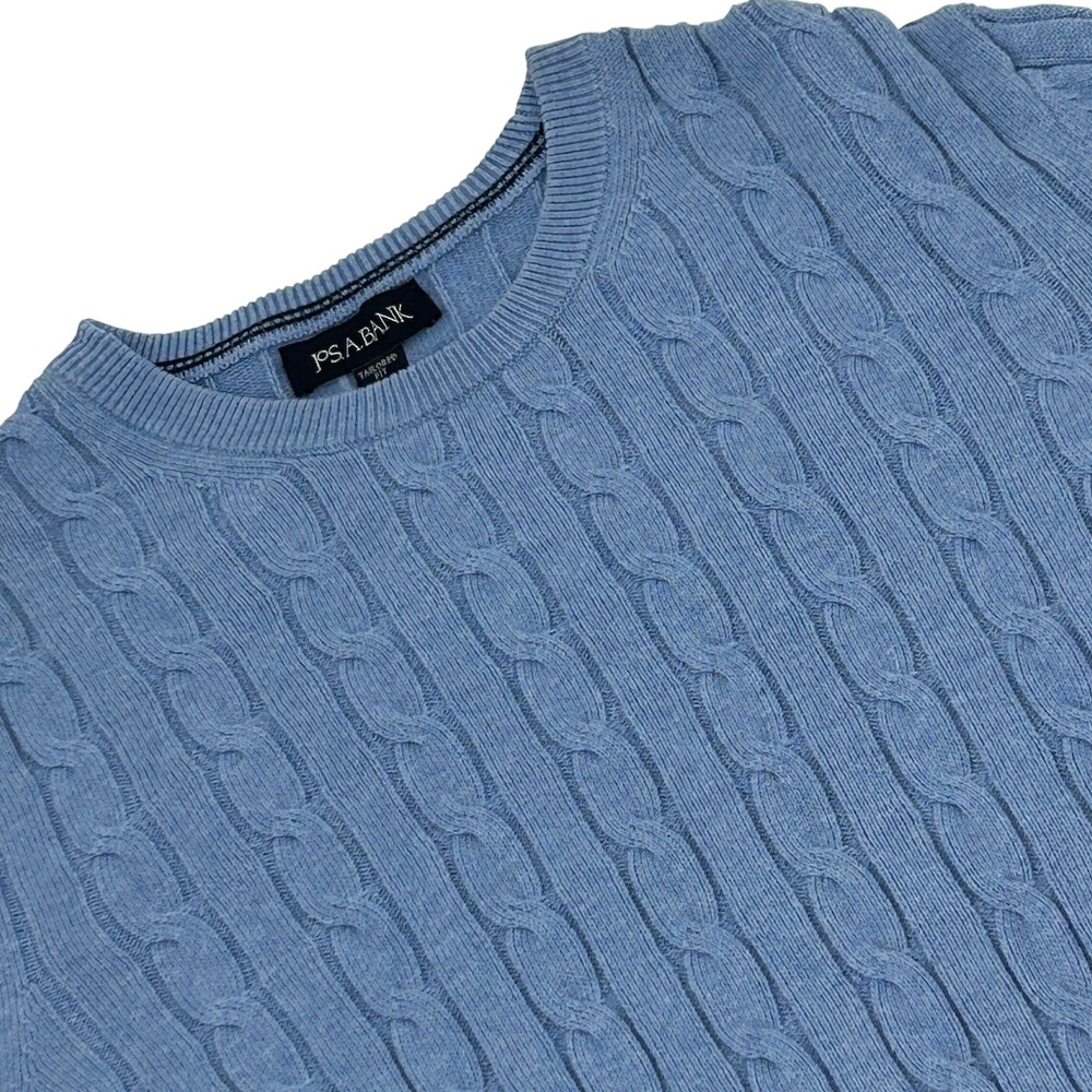 Jos. A. Bank Sweater Mens Large Blue Pima Cotton Cable Knit Tailored Crew Neck